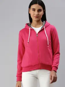 ADBUCKS Women Pink Hooded Solid Sweatshirt