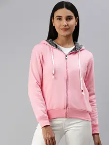 ADBUCKS Women Pink Solid Hooded Pure Cotton Sweatshirt