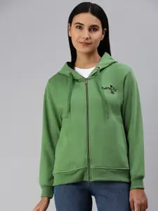 ADBUCKS Women Green Embroidered Hooded Pure Cotton Sweatshirt