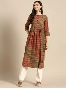 Sangria Rust Red & Green Printed Pure Cotton Kurta