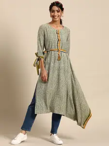 Sangria Grey & Green Geometric Printed Pure Cotton Kurta