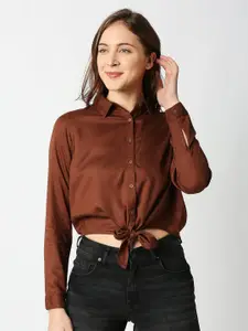 Pepe Jeans Women Brown Regular Fit Solid Crop Casual Shirt