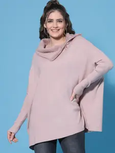 Mafadeny Women Peach Solid Longline Pullover Sweater