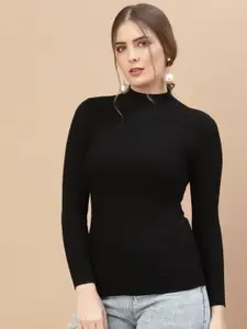 Mafadeny Women Black Ribbed Pullover