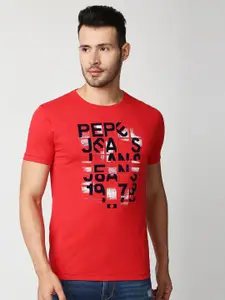 Pepe Jeans Men Red Typography Printed Slim Fit T-shirt