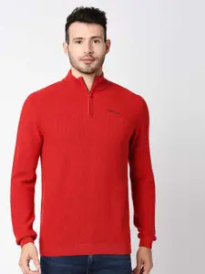 Pepe Jeans Men Red Self Design Cotton Sweater Vest