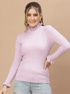 Mafadeny Women Purple Striped Turtle neck Sweater
