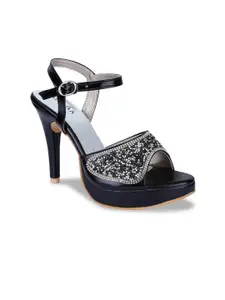 VALIOSAA Navy Blue Embellished Party Stiletto Sandals
