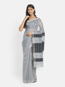 Fabindia Women Grey & Black Woven Design Zari Silk Cotton Saree
