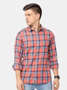 NIRVAAN Men Peach Tartan Checked Cotton Classic Slim Fit Casual Shirt