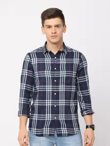 NIRVAAN Men Navy Blue Classic Slim Fit Tartan Checks Casual Shirt