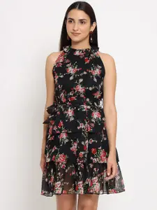 MARC LOUIS Women Black Floral Georgette Dress