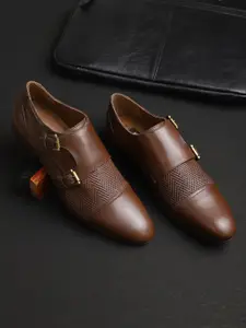 EZOK Men Brown Textured Monk Formal Shoes