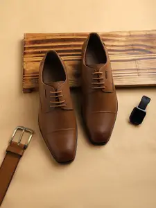 EZOK Men Tan Colored Solid Leather Formal Derby Shoes