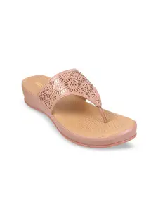Metro Women Pink Embellished T-Strap Flats with Laser Cuts