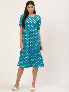 BRINNS Turquoise Blue & White Polka Dots Crepe A-Line Midi Dress