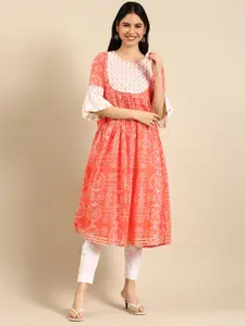 RANGMAYEE Women Peach-Coloured & White Ethnic Printed Cotton Gotta Patti Straight Kurta