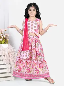 Kinder Kids Girls Pink & Off White Printed Lehenga & Blouse With Dupatta