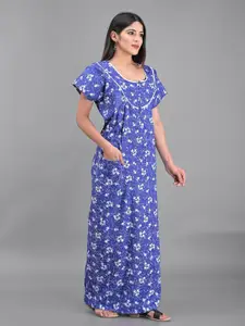 Apratim Women Blue Printed Pure Cotton Maxi Nightdress