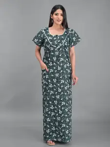 Apratim Women Green Floral Print Cotton Maxi Nightdress