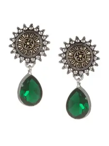 Bamboo Tree Jewels Silver-Plated & Green Floral Drop Earrings