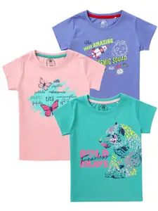 Cub McPaws Girls Pack Of 3 Purple & Peach-Coloured Printed T-shirt