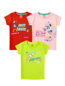 Cub McPaws Girls Red Fluorescent Green & Pink Cotton Typography 3 Pack Printed T-shirts