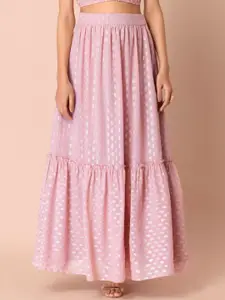 INDYA Women Pink Foil Printed Ruffled Lehenga Skirt