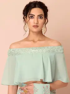 Rang by Indya Women Green Solid Ruffled Off Shoulder Crop Top