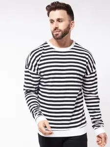 GRITSTONES Men White & Black Striped Drop-Shoulder Sleeves T-shirt