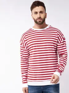 GRITSTONES Men White and Red Striped Drop-Shoulder Sleeves T-shirt