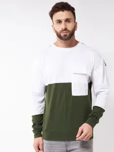 GRITSTONES Men White & Green Cotton Colourblocked Round Neck Oversized T-shirt