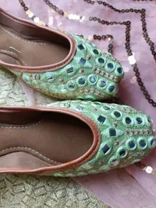 DESI COLOUR Women Sea Green Ethnic Mojaris Flats