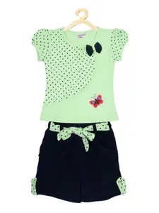 POMY & JINNY Girls Green & Navy Blue Printed Top with Shorts