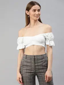 AAHWAN White Solid Off-Shoulder Crop Top