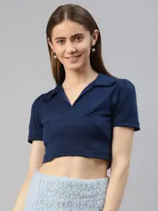 AAHWAN Navy Blue Solid Empire Crop Top