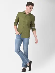 Crimsoune Club Men Olive Green Textured Slim Fit Casual Shirt