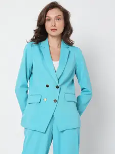 Vero Moda Women Blue Solid Double-Breasted Casual Blazer