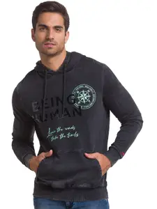 Being Human Men Charcoal Printed Hooded Pure Cotton Sweatshirt