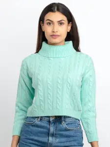 Status Quo Women Sea Green Cable Knit Turtle Neck Pullover