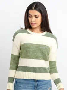 Status Quo Women Green & White Striped Pullover