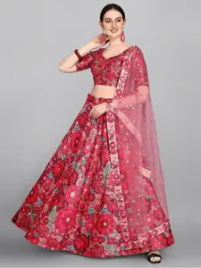 Fashionuma Pink & Blue Printed Semi-Stitched Lehenga & Unstitched Blouse With Dupatta Set
