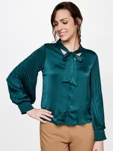 AND Women Teal Tie-Up Neck Bishop Sleeves Shirt Style Top