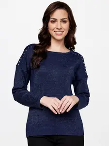 AND Women Navy Blue Extended Sleeves Top
