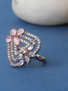 Bhana Fashion Gold-Plated Pink & White AD-Studded Adjustable Finger Ring
