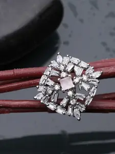 Bhana Fashion Silver-Plated White & Pink American Diamond Studded Adjustable Finger Ring