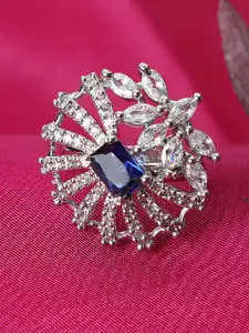 Bhana Fashion Silver-Plated Blue & White AD-Studded Handcrafted Adjustable Finger Ring