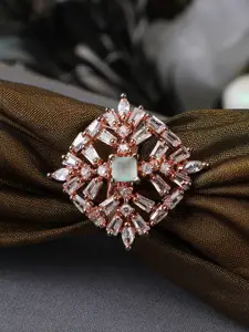 Bhana Fashion Rose Gold-Plated White & Green AD-Studded Adjustable Finger Ring
