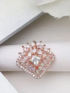 Bhana Fashion Rose Gold-Plated White AD-Studded Adjustable Finger Ring