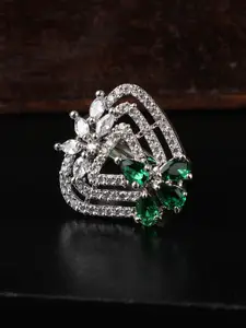 Bhana Fashion Silver-Plated & Green American Diamond Studded Finger Ring